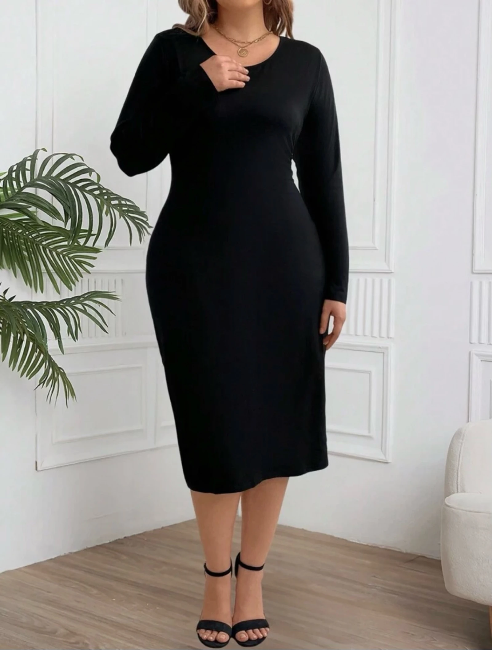 Elegant Black Bodycon Midi Dress Long Sleeve